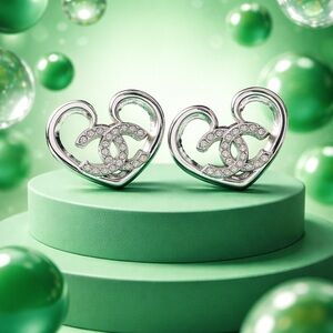 Silver Heart Crystal Stud Earrings